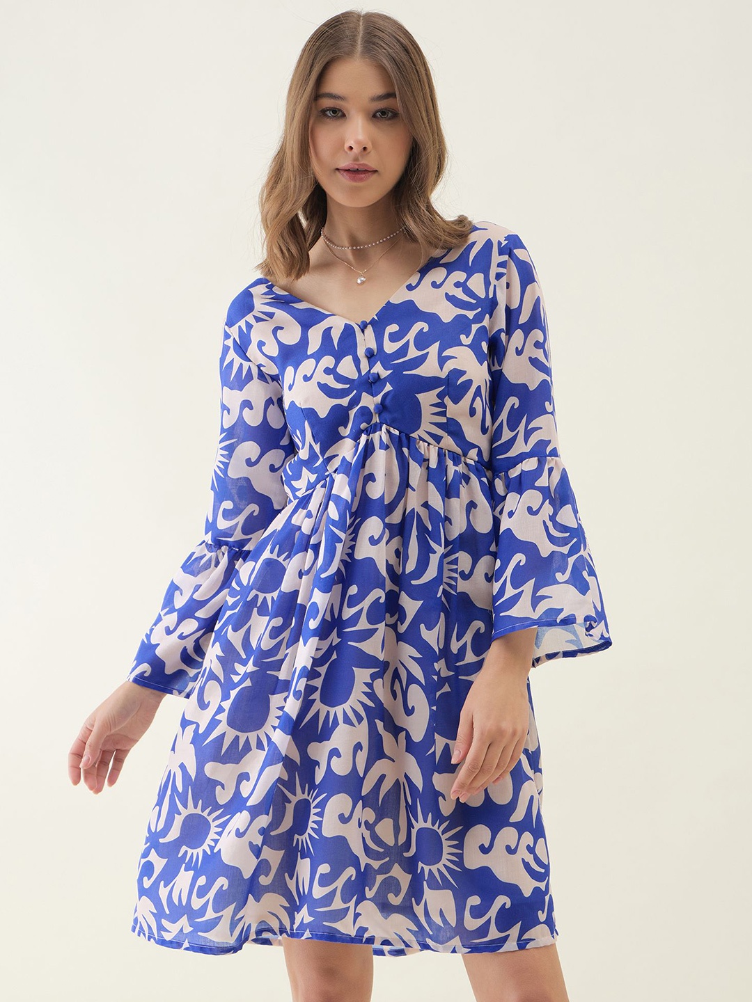 

CORSICA Print Bell Sleeve Fit & Flare Dress, Blue