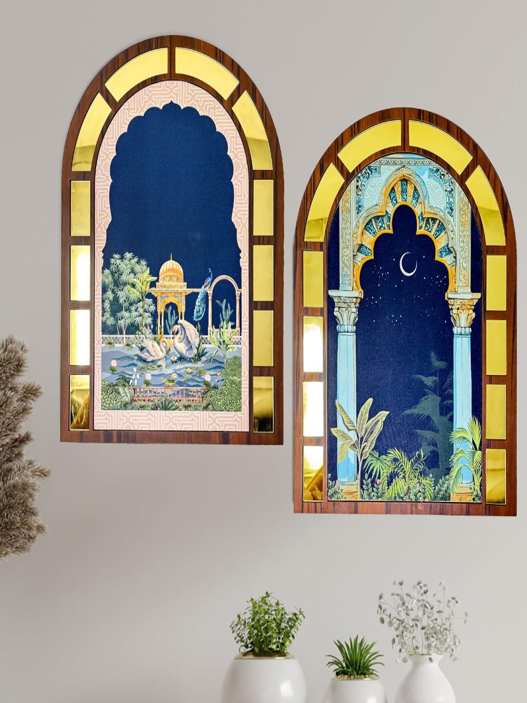 

CVANU Yellow & Blue 2 Pieces Printed Wooden Jharokas Wall Hangings