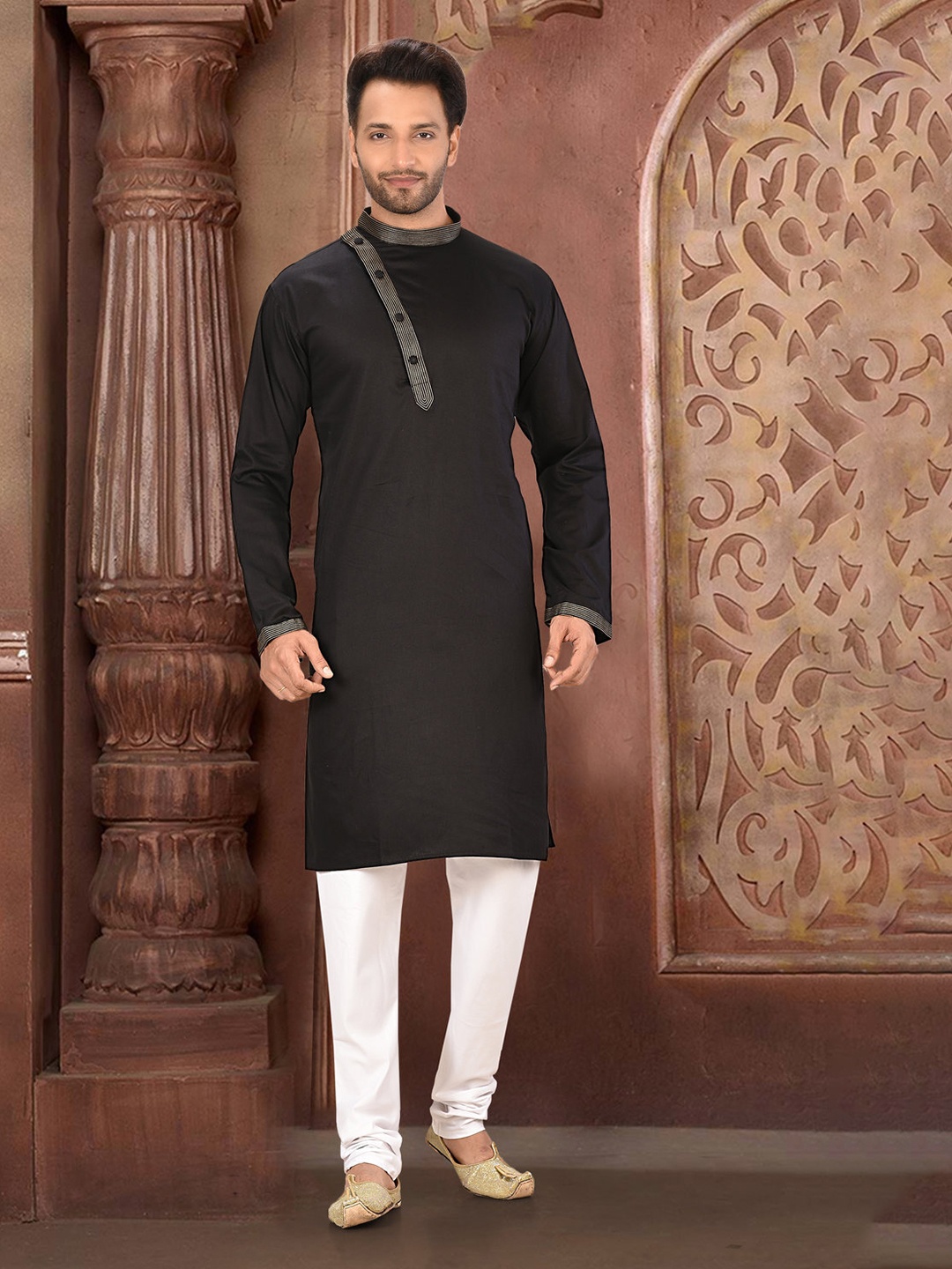 

RANAK Thread Work Mandarin Collar Organic Cotton Straight Kurta, Black