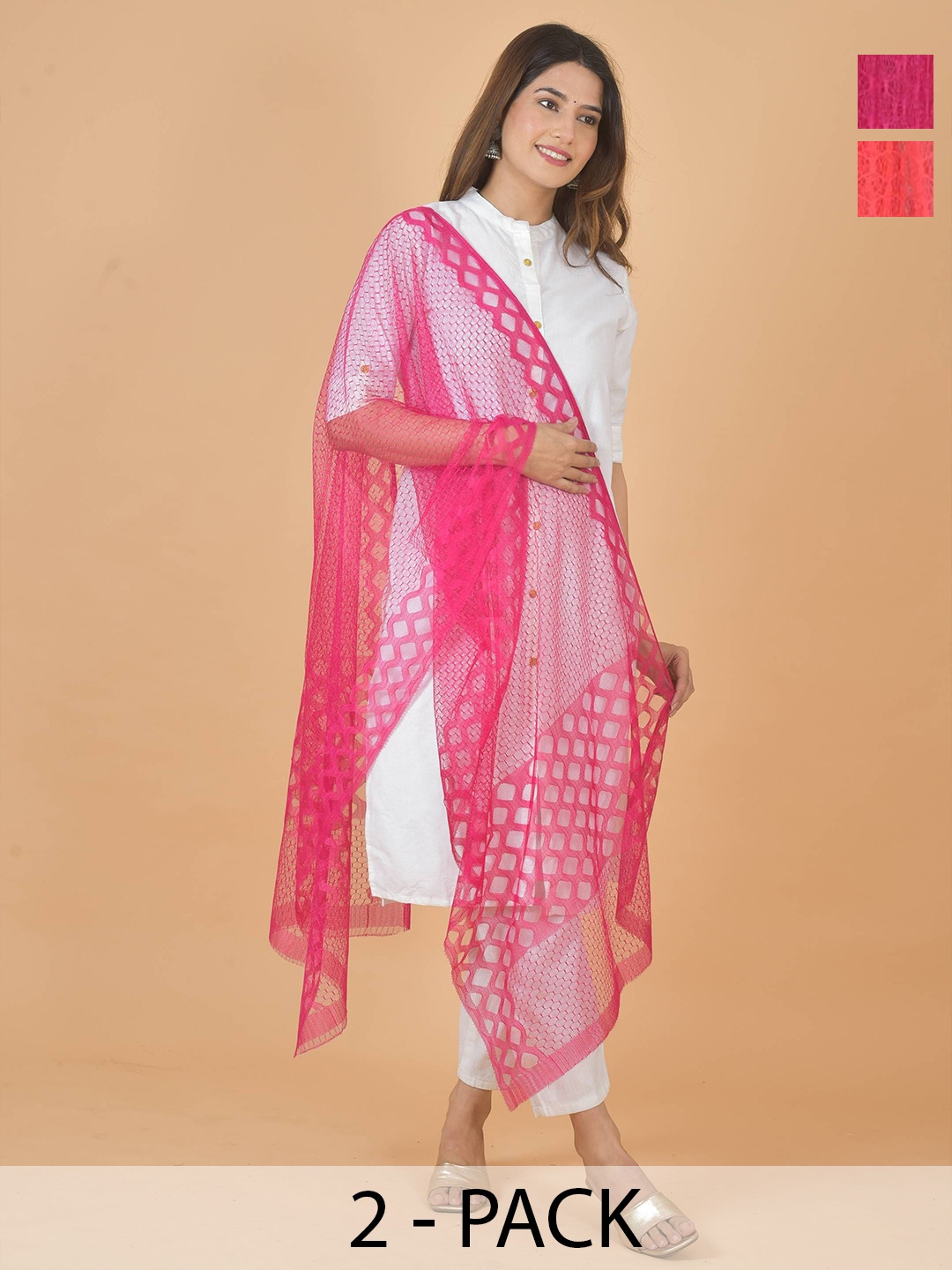 

LA FEMINAE Selection Of 2 Geometric Woven Design Dupatta, Pink