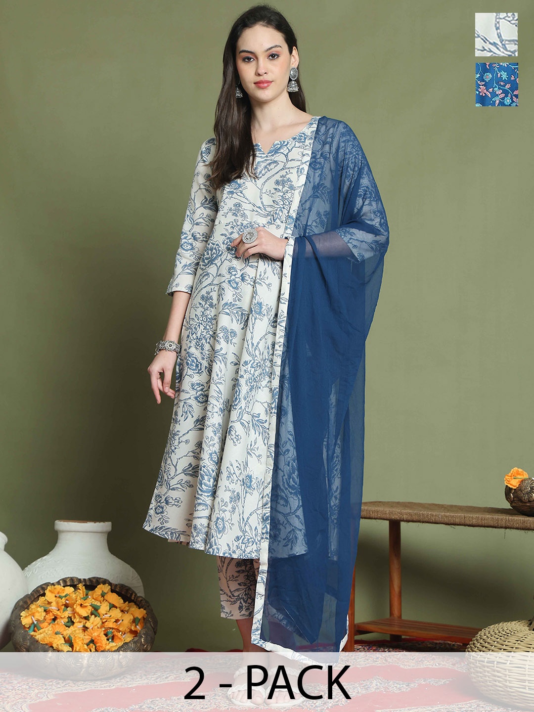 

Rajnandini Women Floral Printed Regular Kurta with Trousers & With Dupatta, Off white