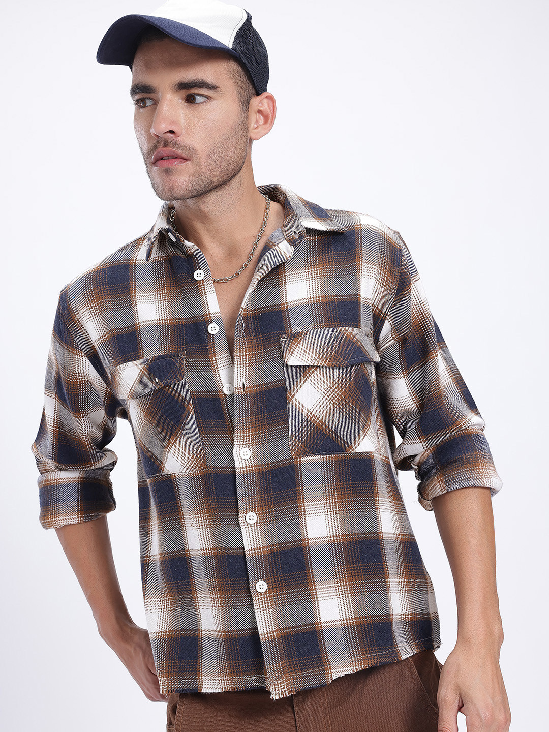 

glitchez Laid Back Luxe Checked Relaxed Fit Shirt, White