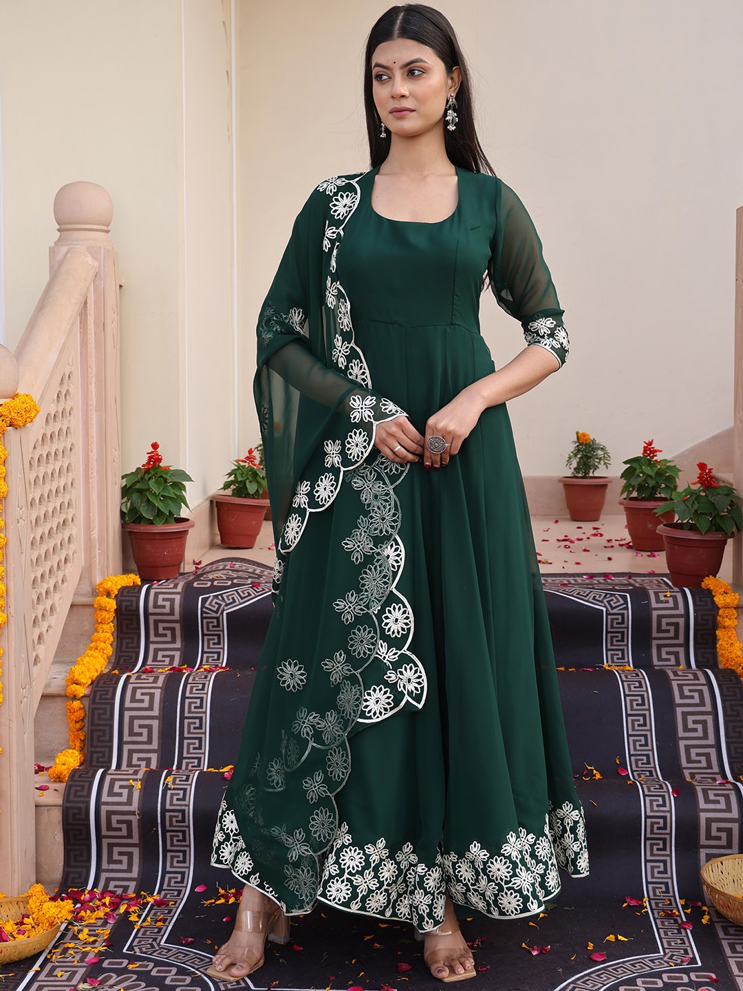 

KALINI Floral Embroidered Semi-Stitched Dress Material, Green