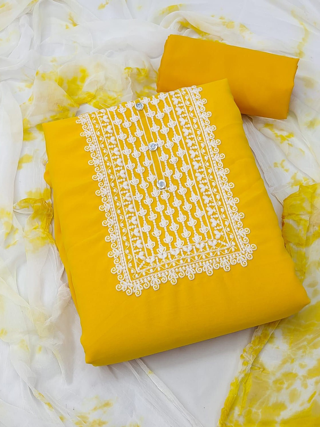 

Rangtulika Embroidered Thread Work Unstitched Dress Material, Yellow