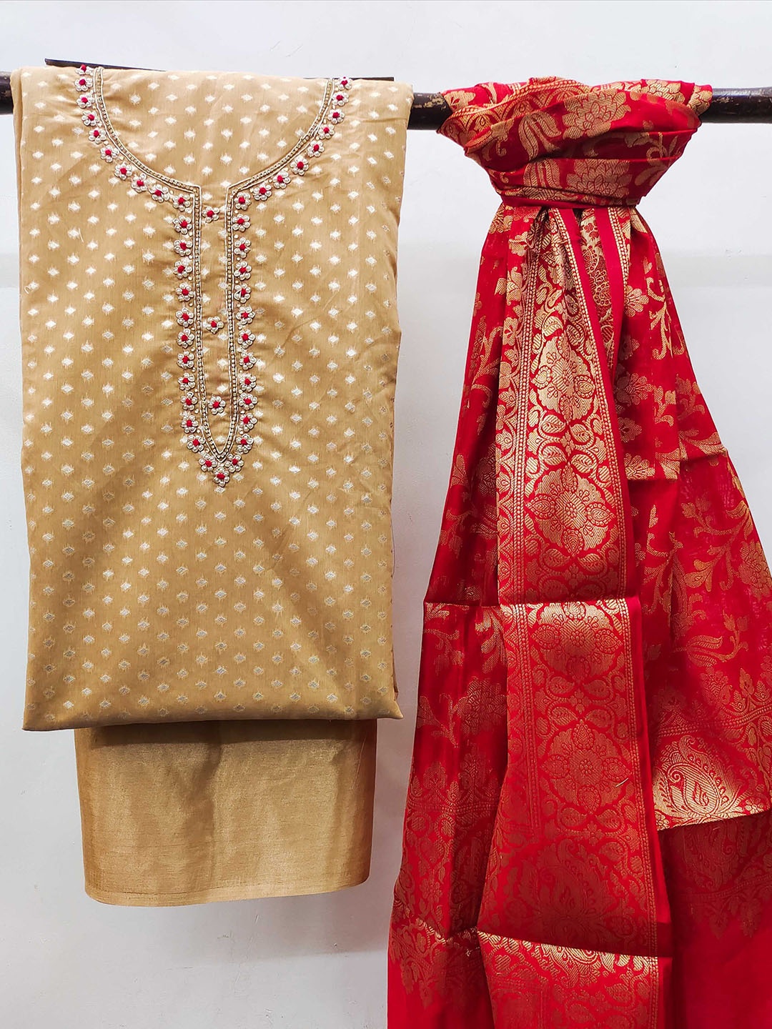 

SAINOOR Floral Woven Design Beads and Stones Semi-Stitched Dress Material, Beige
