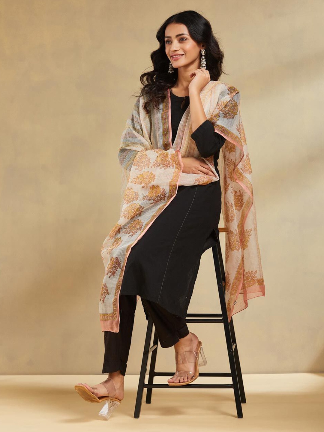 

Fabindia Floral Printed Cotton Silk Dupatta, White