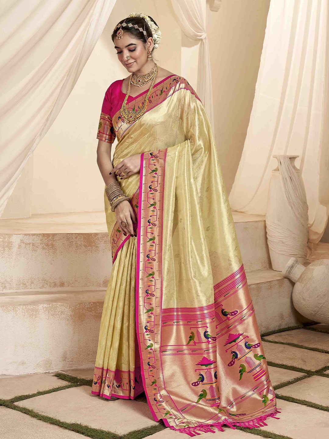 

KIMISHA Woven Design Zari Silk Blend Paithani Saree, Beige