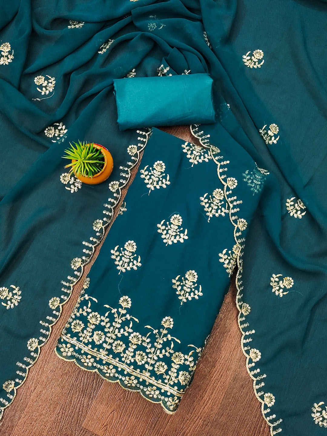 

Rangtulika Ethnics Floral Embroidered Sequinned Unstitched Dress Material, Blue
