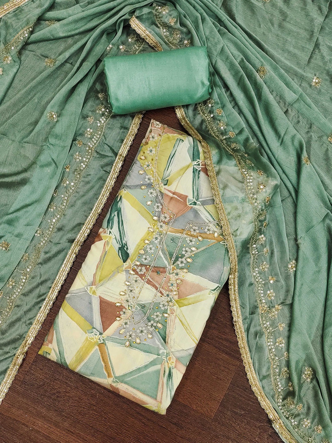 

SAINOOR Floral Embroidered Beads & Stones Unstitched Dress Material, Green