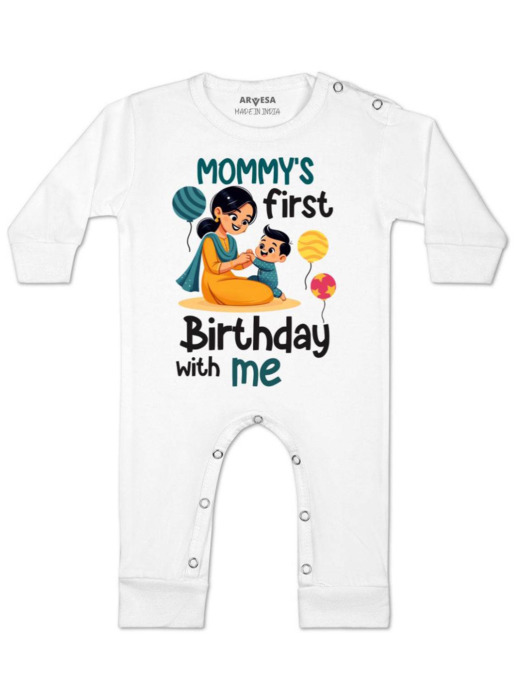 

Arvesa Kids Mommy First Birthday With Me Printed Baby Romper, White