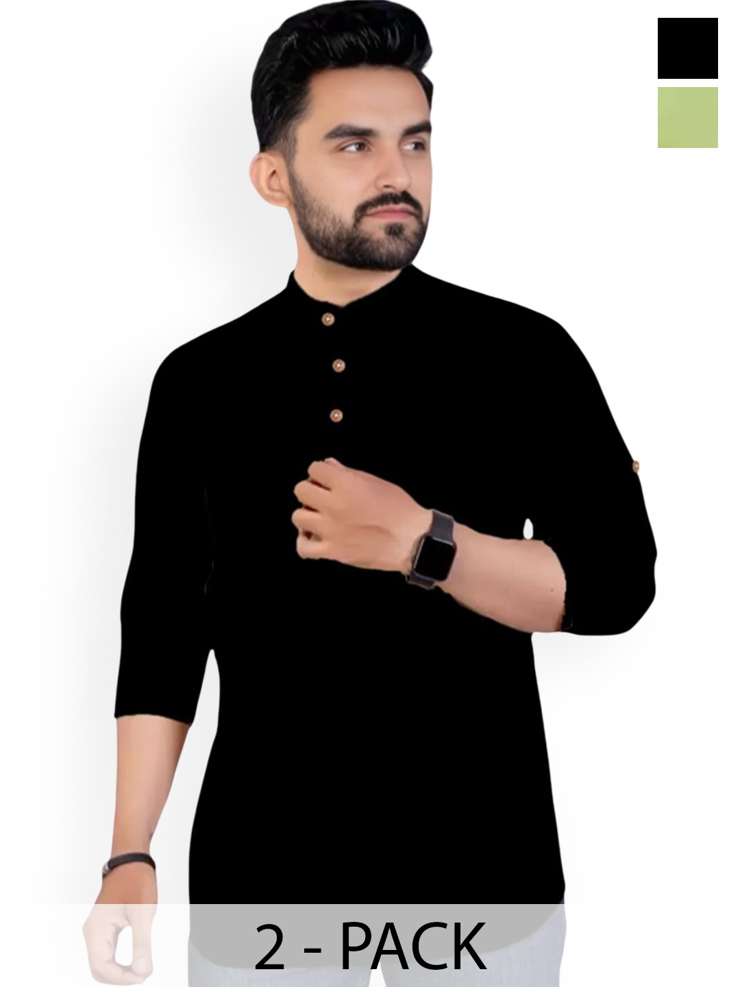 

univibe Selection Of 2 Cotton Mandarin Collar Slim Fit Straight Kurtas, Black