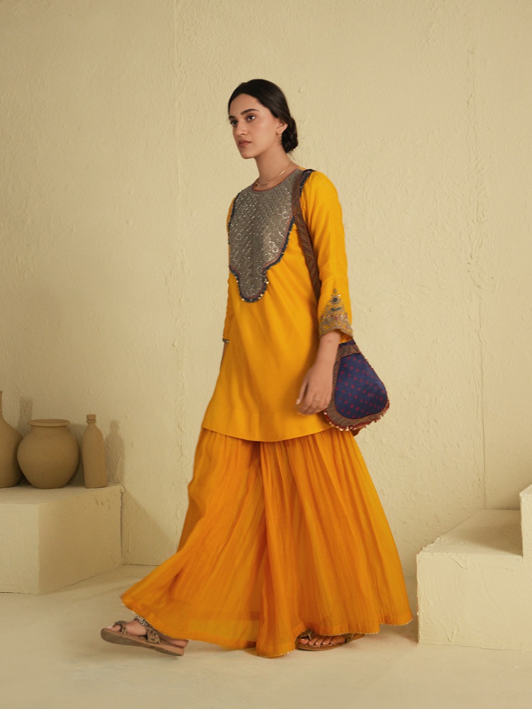 

SUSHRAM Women Yoke Design Thread Work Kurti With Sharara & Dupatta, Mustard