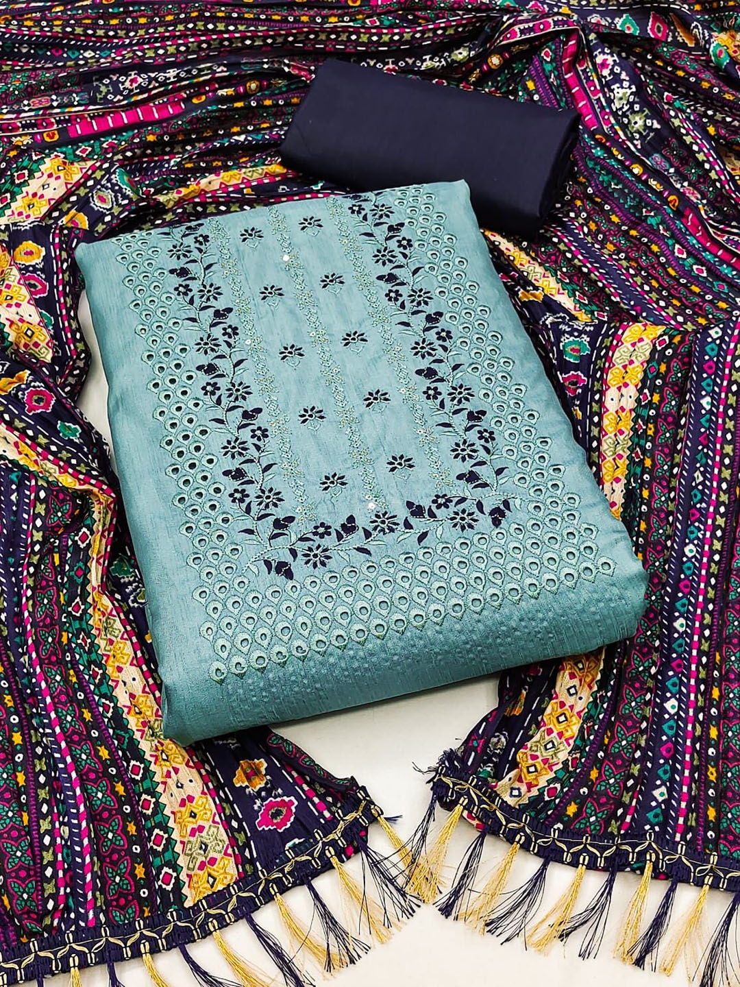 

Rangtulika Sequinned Embroidered Unstitched Dress Material, Blue
