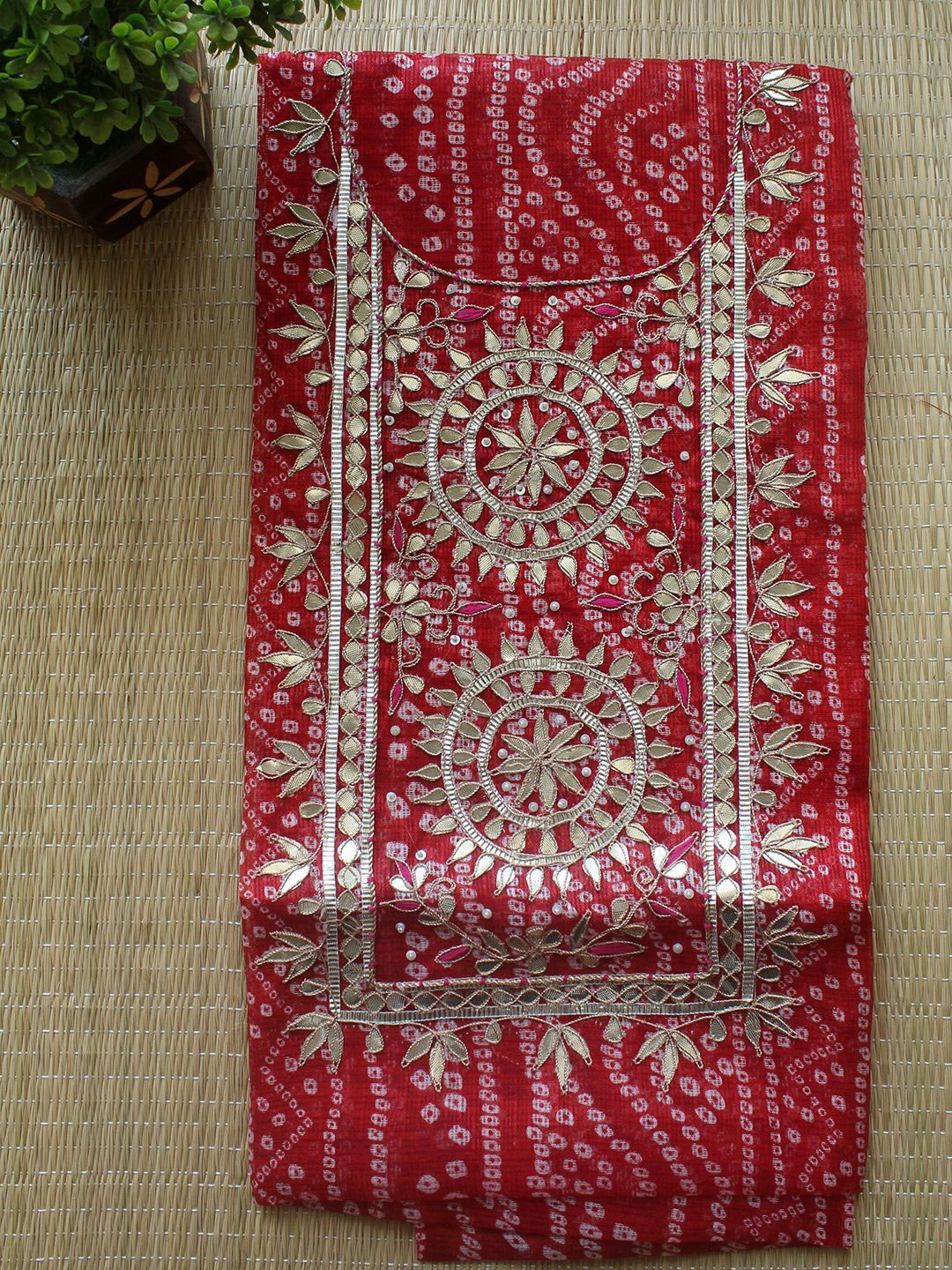 

Weaves of Tradition Bandhani Embroidered Unstitched Dress Material, Red