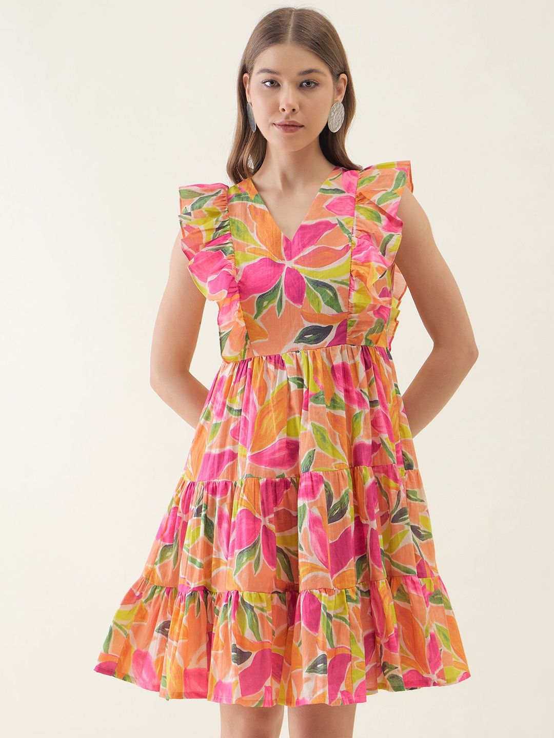 

CORSICA Floral Print Flutter Sleeve Georgette Fit & Flare Mini Dress, Multi