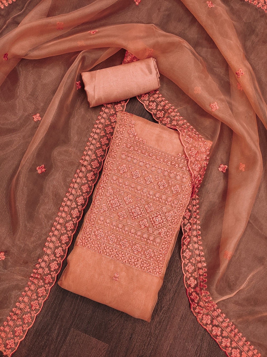 

Rangtulika Ethnics Embellished Organza Unstitched Dress Material, Peach