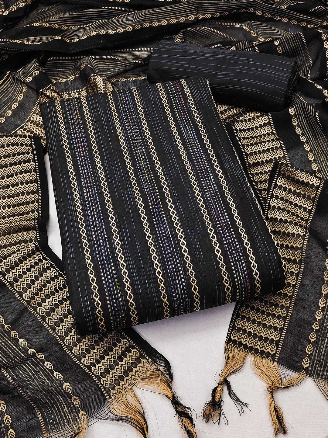 

SAINOOR Striped Woven Design Unstitched Dress Material, Black