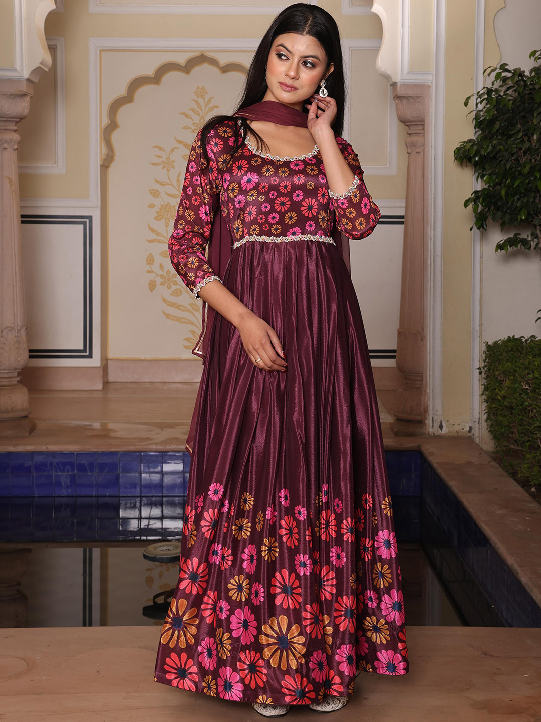 

KALINI Floral Printed Semi-Stitched Dress Material, Brown