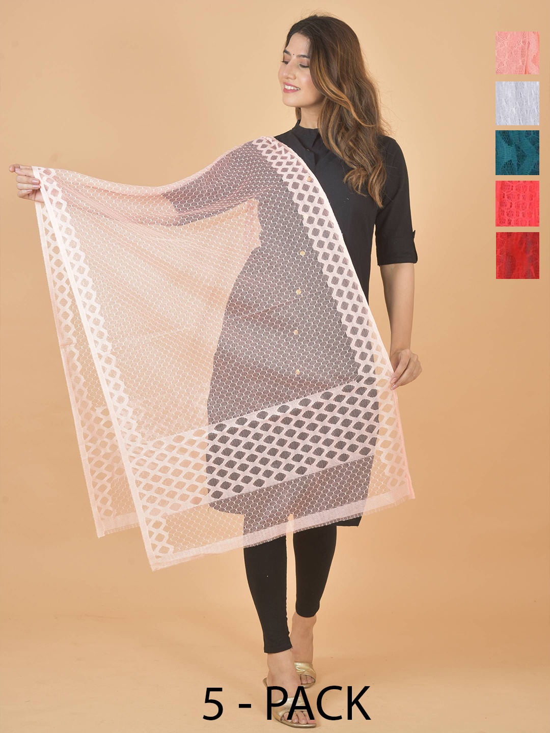 

LA FEMINAE Selection Of 5 Geometric Woven Design Dupatta, White