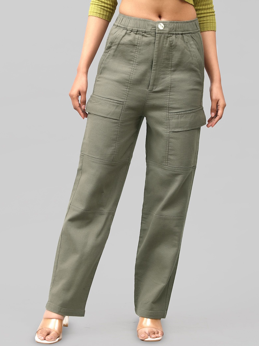 

BLUEBIRD Women Relaxed Loose Fit Mid-Rise Cotton Cargos, Green