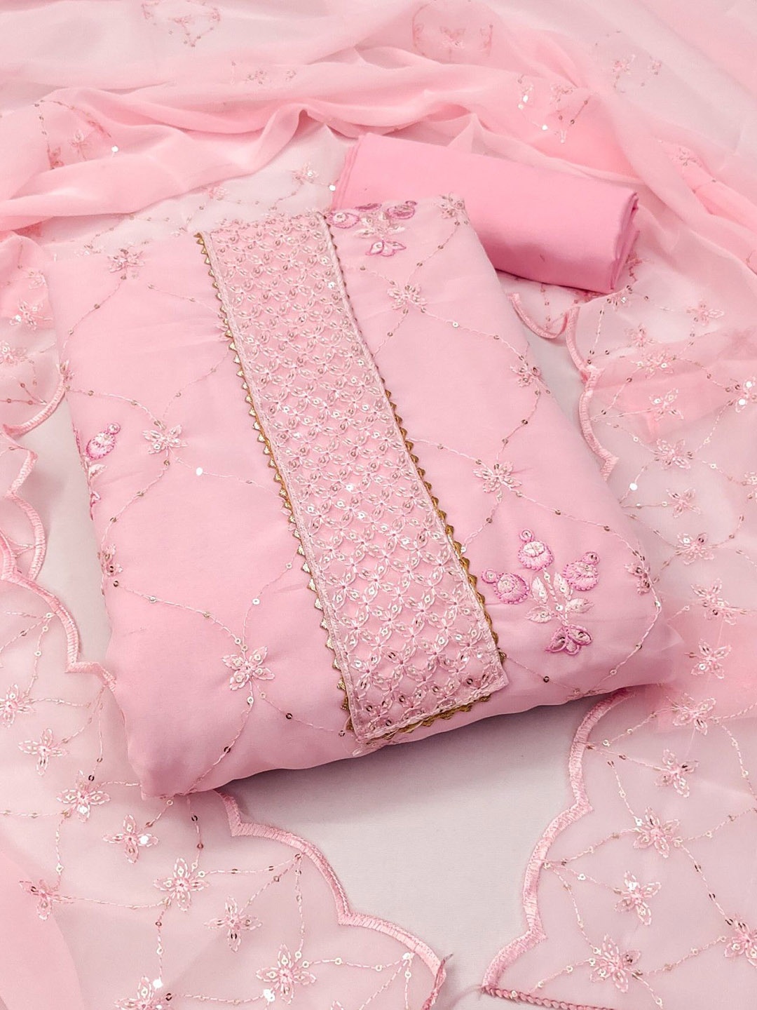

Rangtulika Floral Embroidered Georgette Unstitched Dress Material, Pink