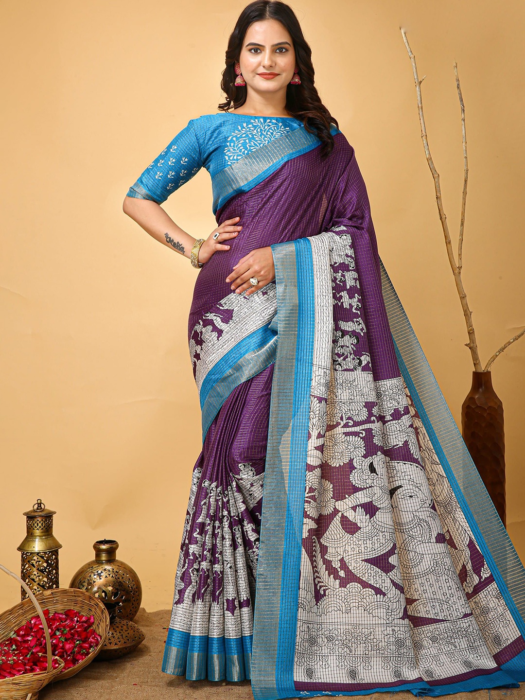 

V3 FASHION STUDIO Ethnic Motifs Zari Art Silk Saree, Purple