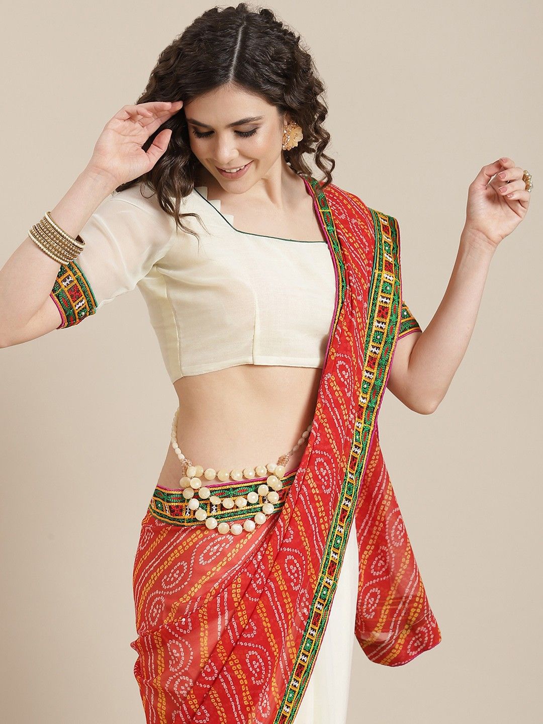 

DIVASTRI Bandhani Embroidered Pure Georgette Half and Half Bandhani Saree, Red