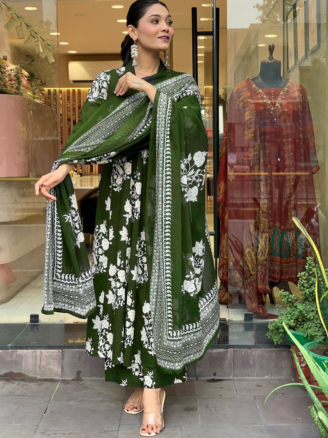 

KERI PERRY Floral Printed V-Neck Mirror Work A-Line Kurta With Palazzos & Dupatta, Olive