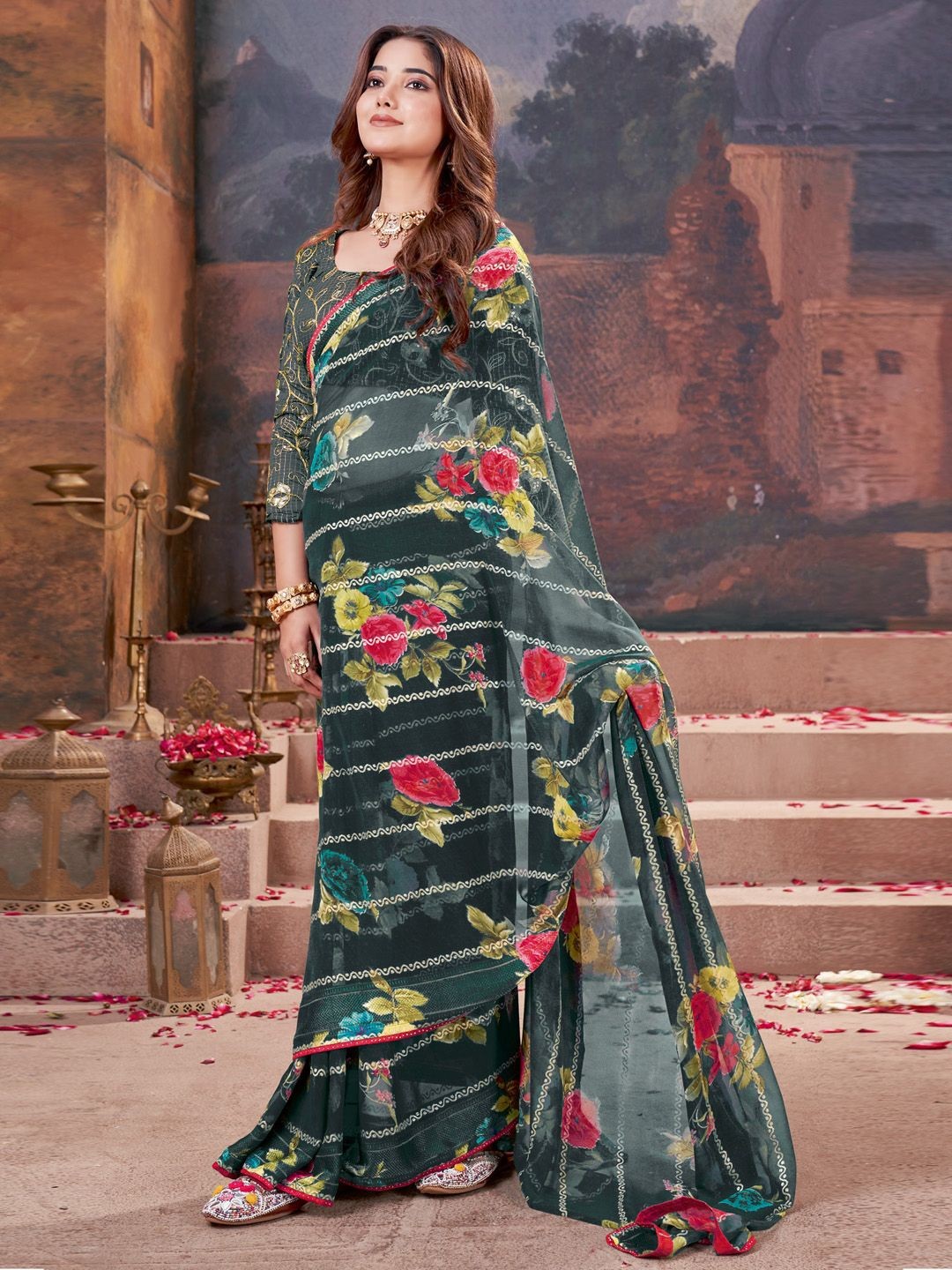 

Mitera Floral Pure Georgette Saree, Green