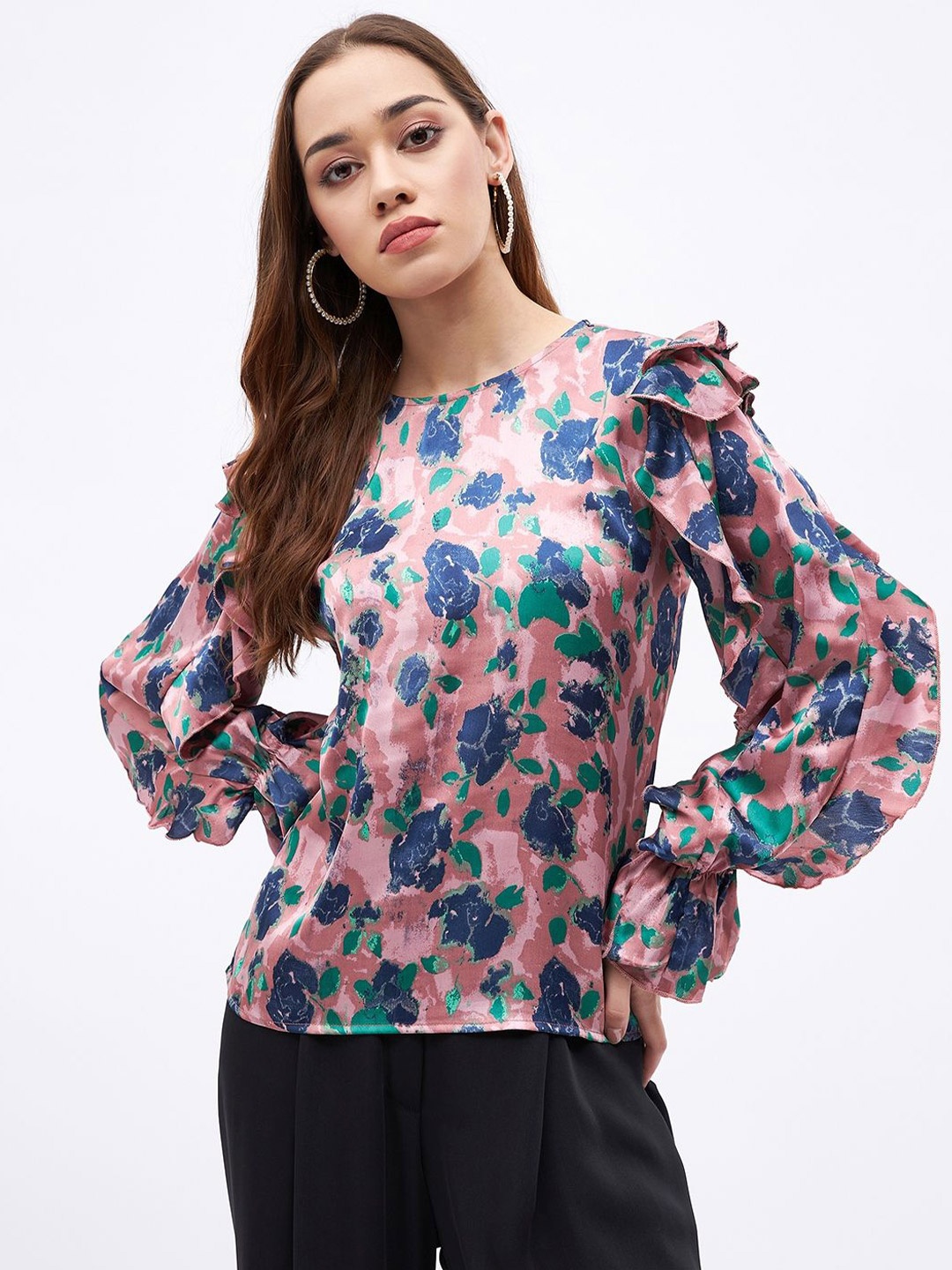 

JUNE & HARRY Floral Print Puff Sleeve Satin Top, Mauve