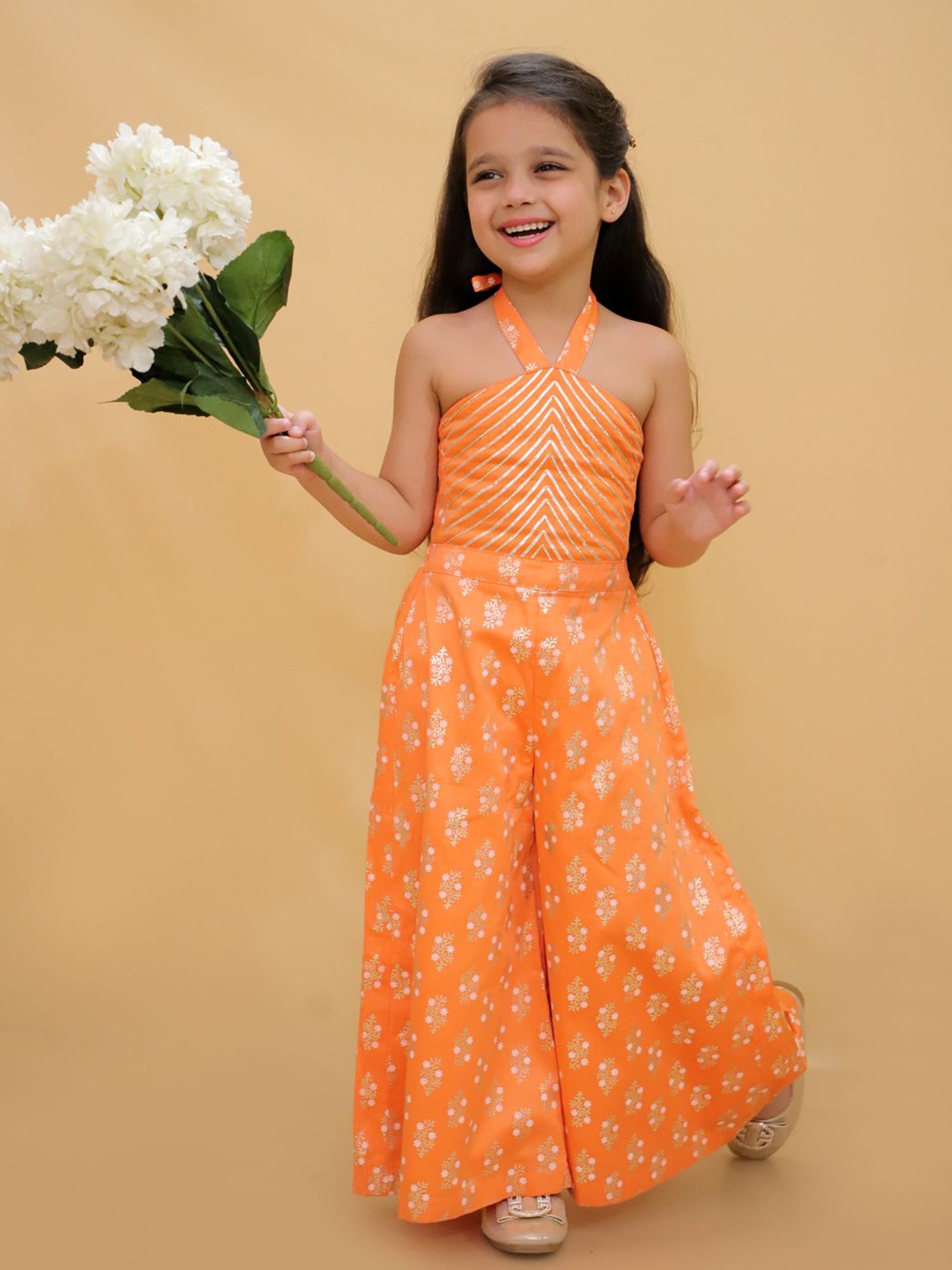 

LIL DRAMA Girls Halter Neck Printed Basic Jumpsuit with Embroidered, Orange