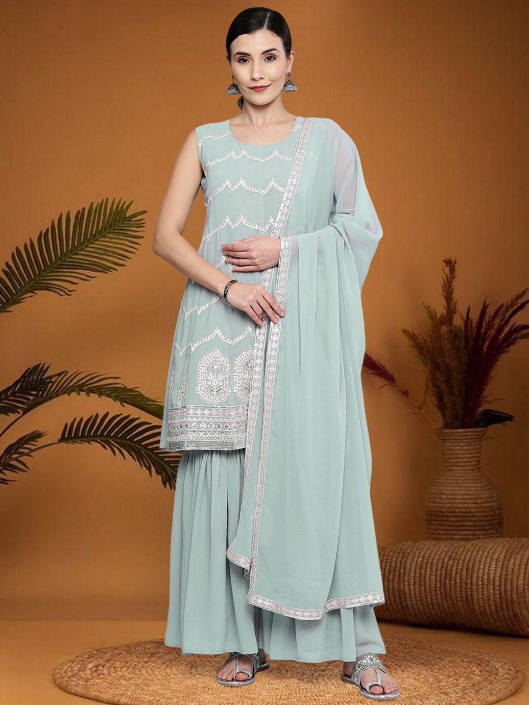 

Sangria Floral Embroidered Sequinned Silk Georgette A-Line Kurta With Sharara & Dupatta, Grey