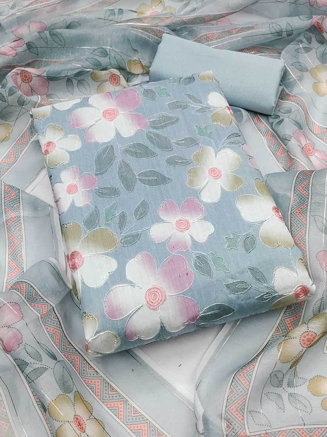 

BlissFlair Floral Printed Thread Work Organza Unstitched Dress Material, Blue