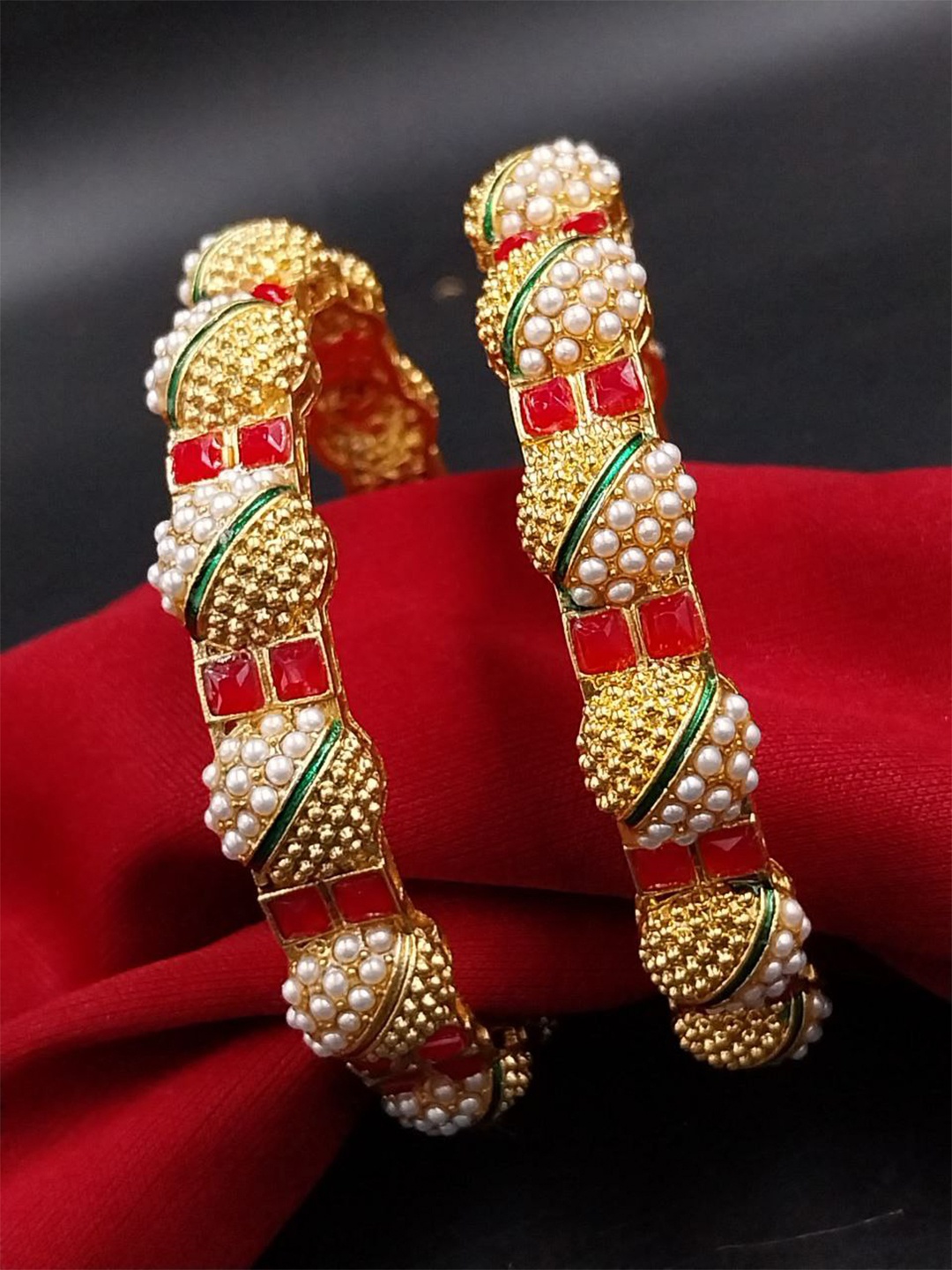 

AARNAA Set Of 2 Gold-Plated Kundan-Pearl Studded Bangles