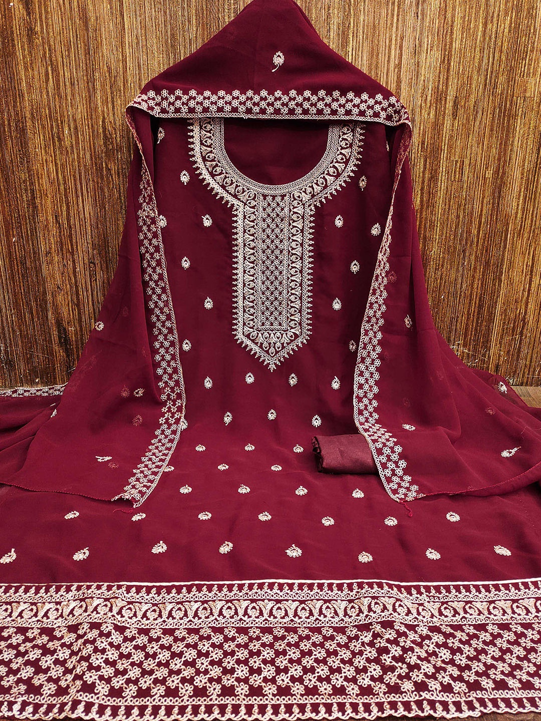 

SAINOOR Floral Embroidered Silk Georgette Unstitched Dress Material, Maroon