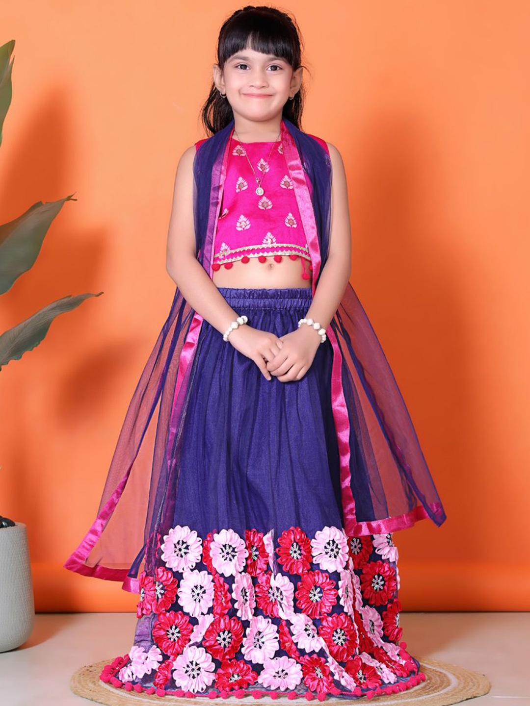 

BAESD Girls Woven Design Lehenga With Blouse And Dupatta, Navy blue