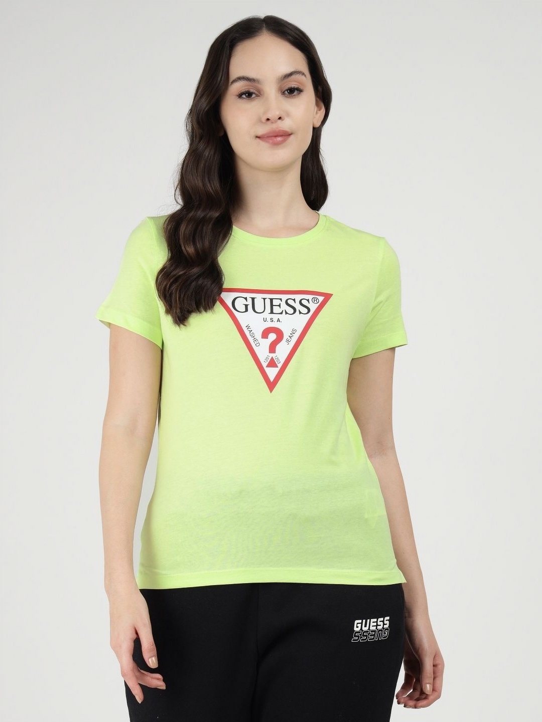 

GUESS Women Typography Printed Round Neck Cotton T-shirt, Green