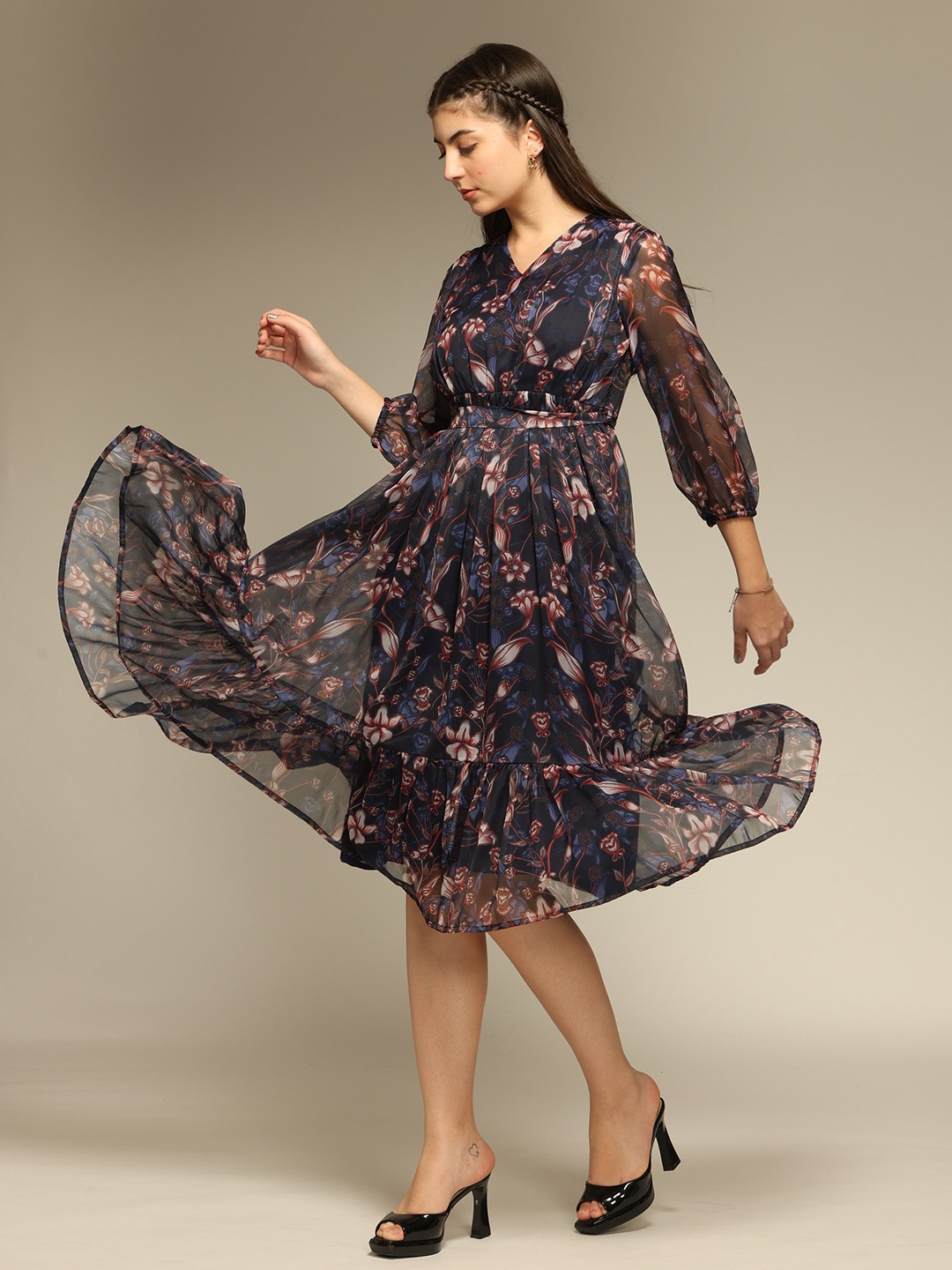 

CORSICA Floral Print Puff Sleeve Georgette Fit & Flare Dress, Blue