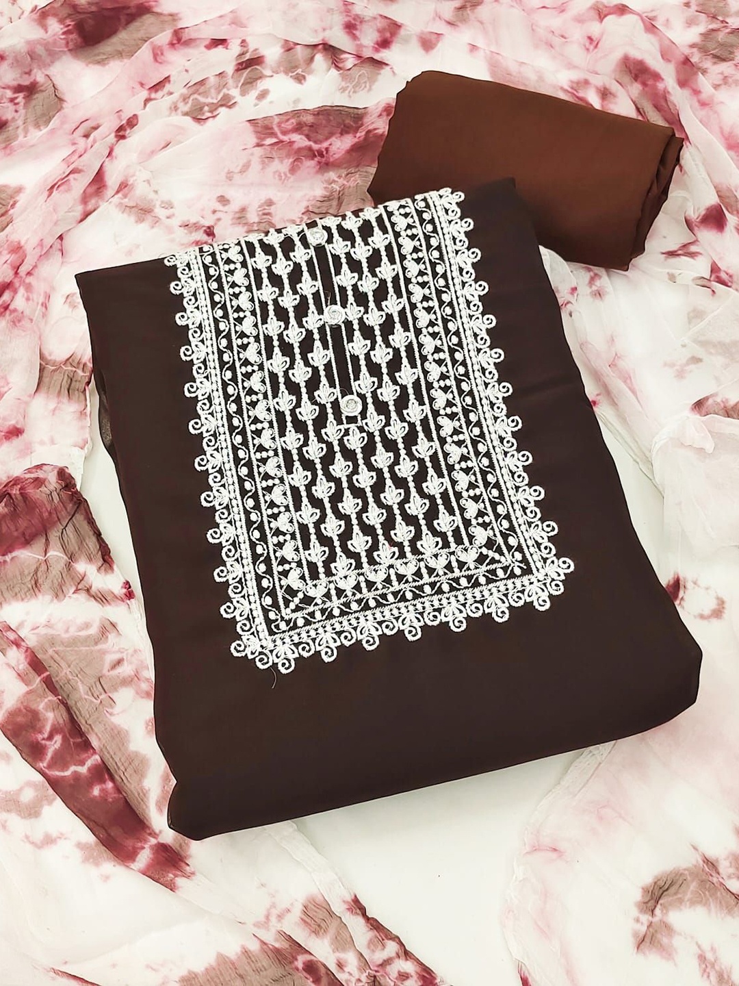 

Rangtulika Embroidered Thread Work Unstitched Dress Material, Brown