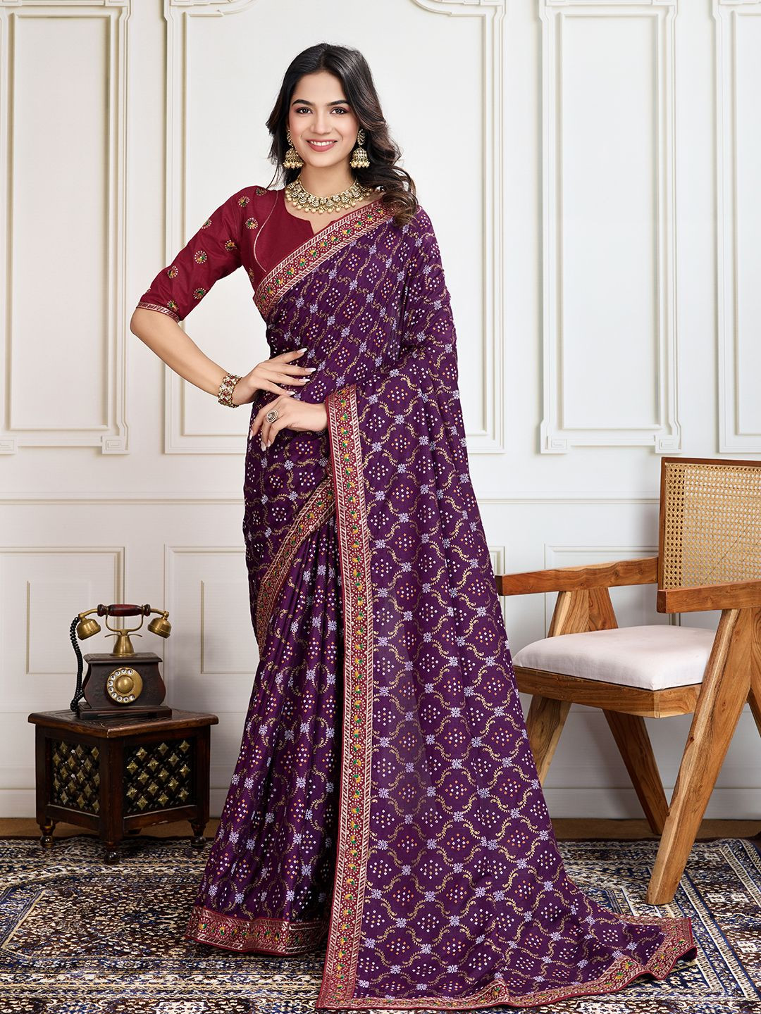 

House of Pataudi Badshah Bandhani Printed With Embroidered Saree With Unstitched Blouse, Purple