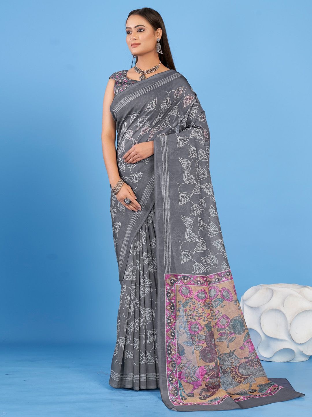 

Mitera Floral Linen Blend Bagh Saree, Grey