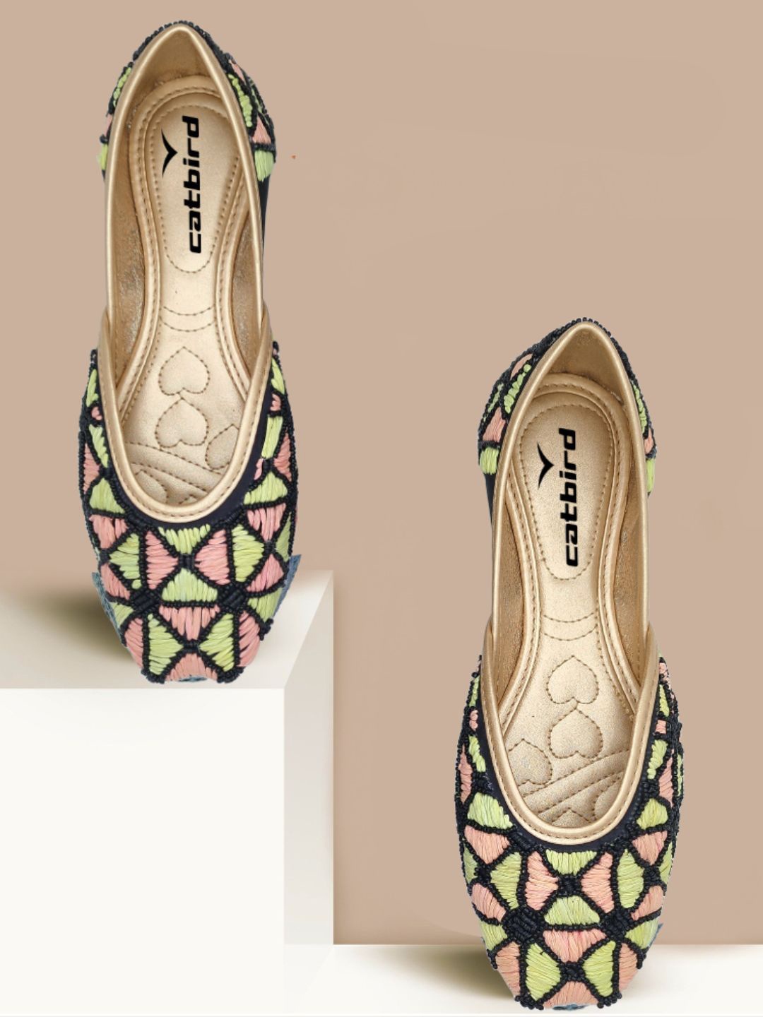 

CATBIRD Women Ethnic Mojaris with Embroidered Flats, Black