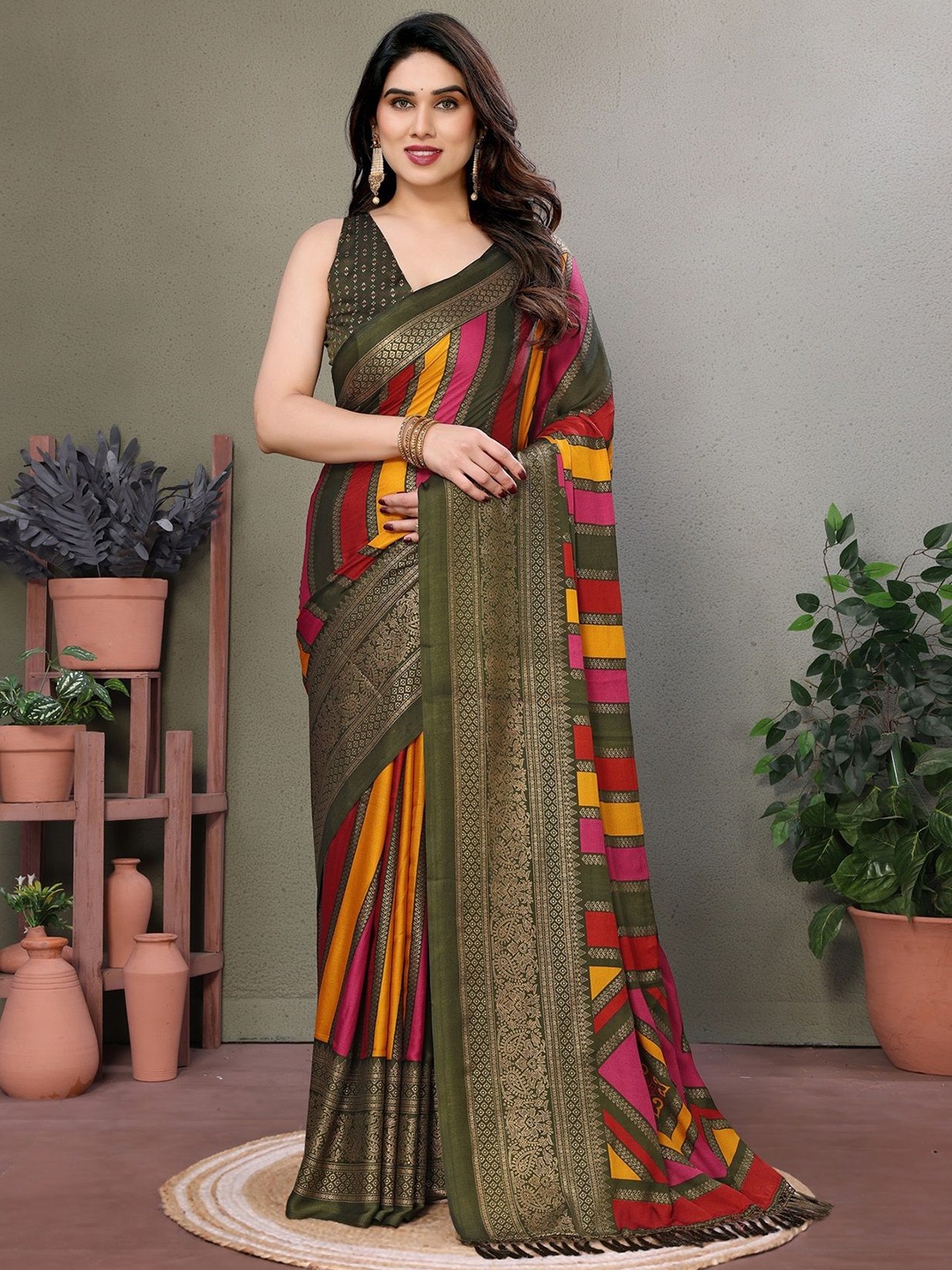 

Fashion FRICKS Ethnic Motifs Zari Silk Cotton Saree, Olive