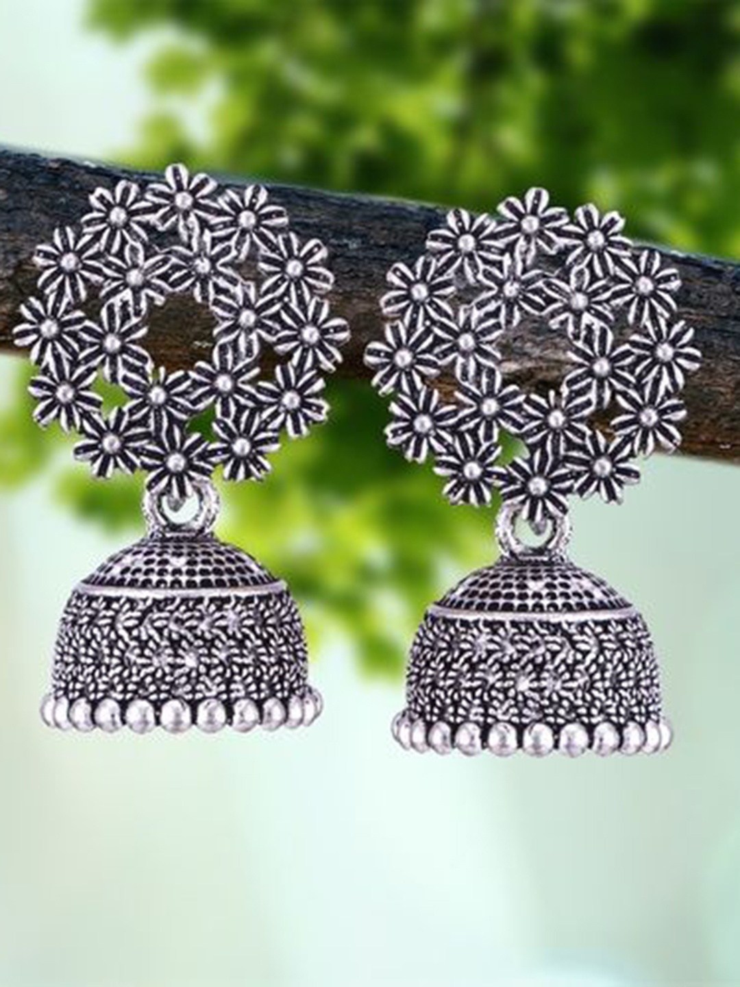 

DIVASTRI Set Of 3 Silver-Plated Oxidised Peacock Shaped Jhumkas