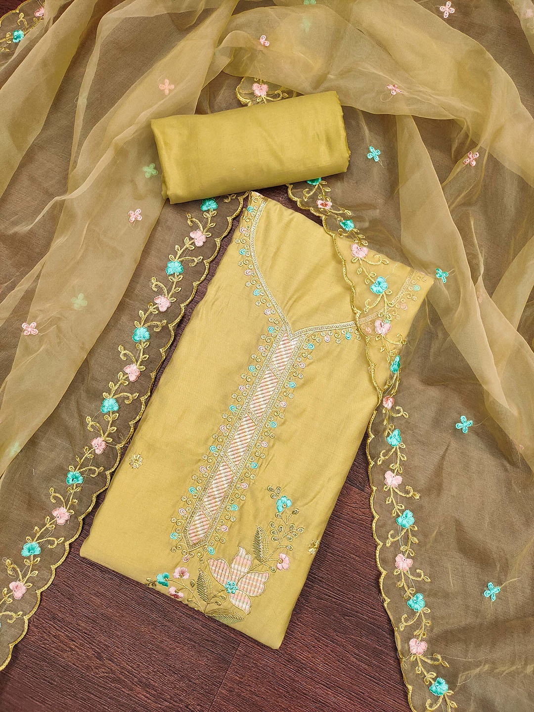 

MANVAA Embellished Unstitched Dress Material, Yellow