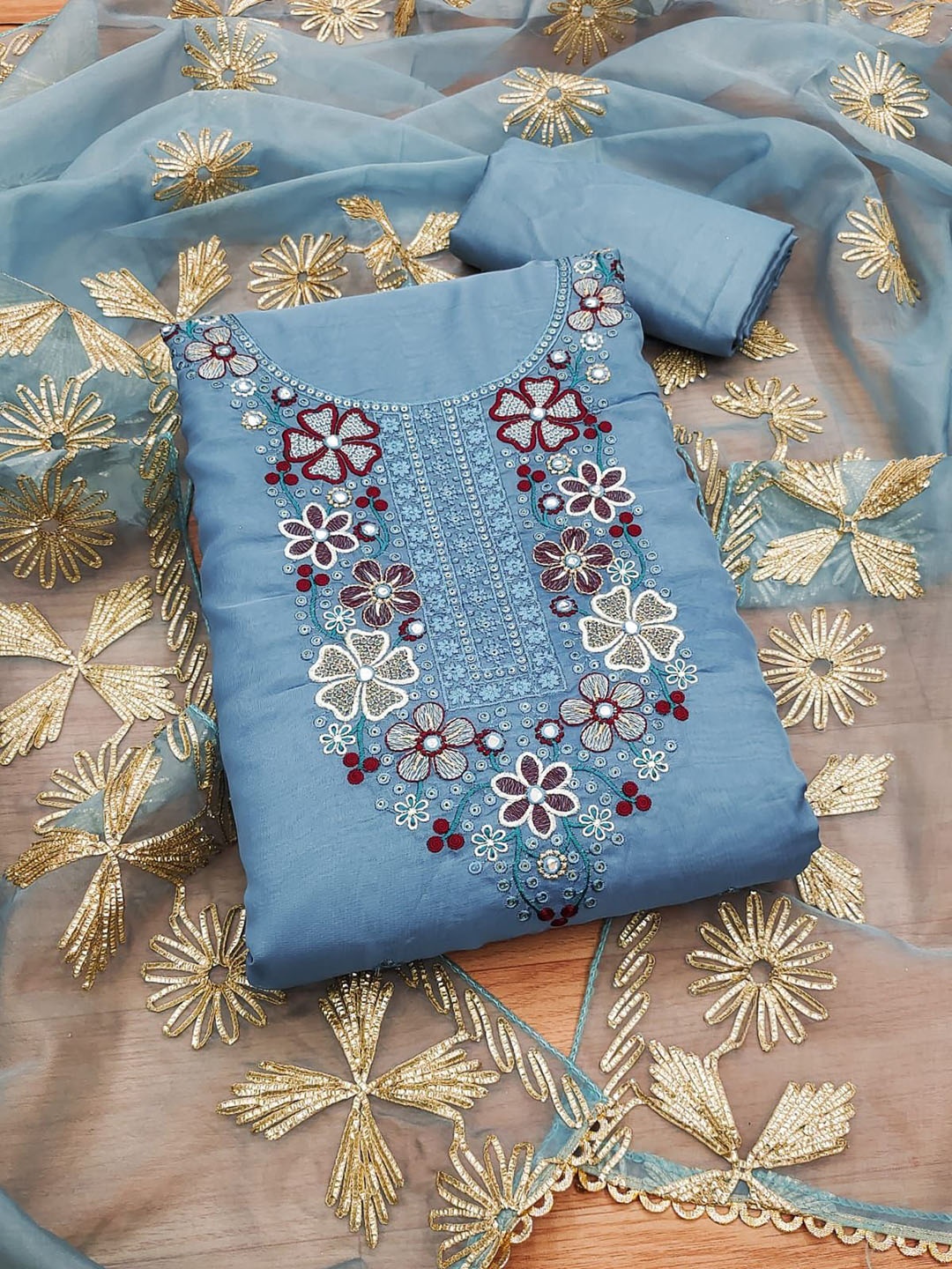 

Rangtulika Floral Embroidered Organza Unstitched Dress Material, Blue