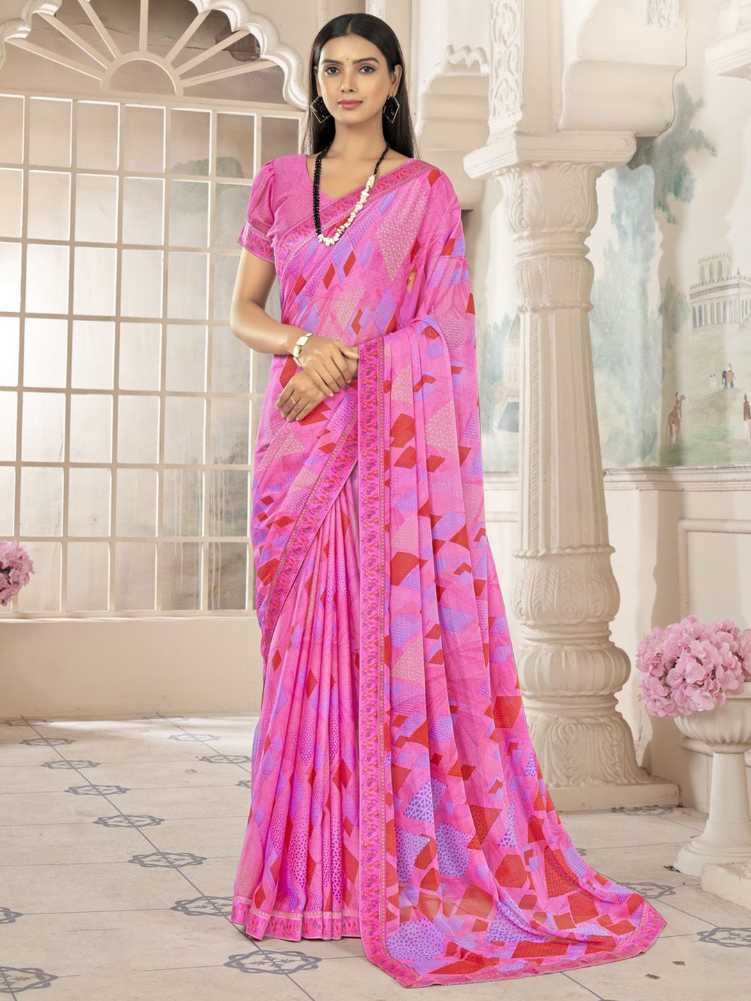 

Anouk Rustic Poly Chiffon Bagh Saree, Pink
