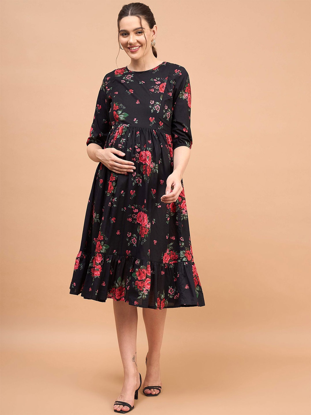 

Shades of Sabi Floral Print Fit & Flare Midi Maternity Dress, Black