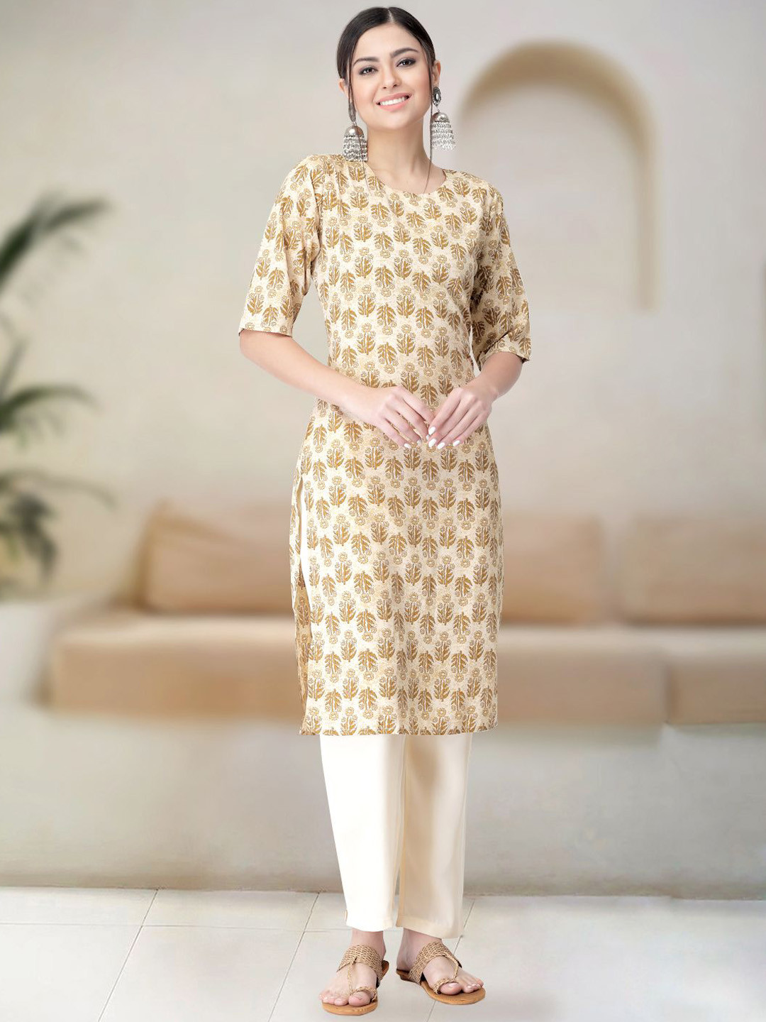 

Moda Rapido Beige & White Floral Printed Straight Kurta with Trousers