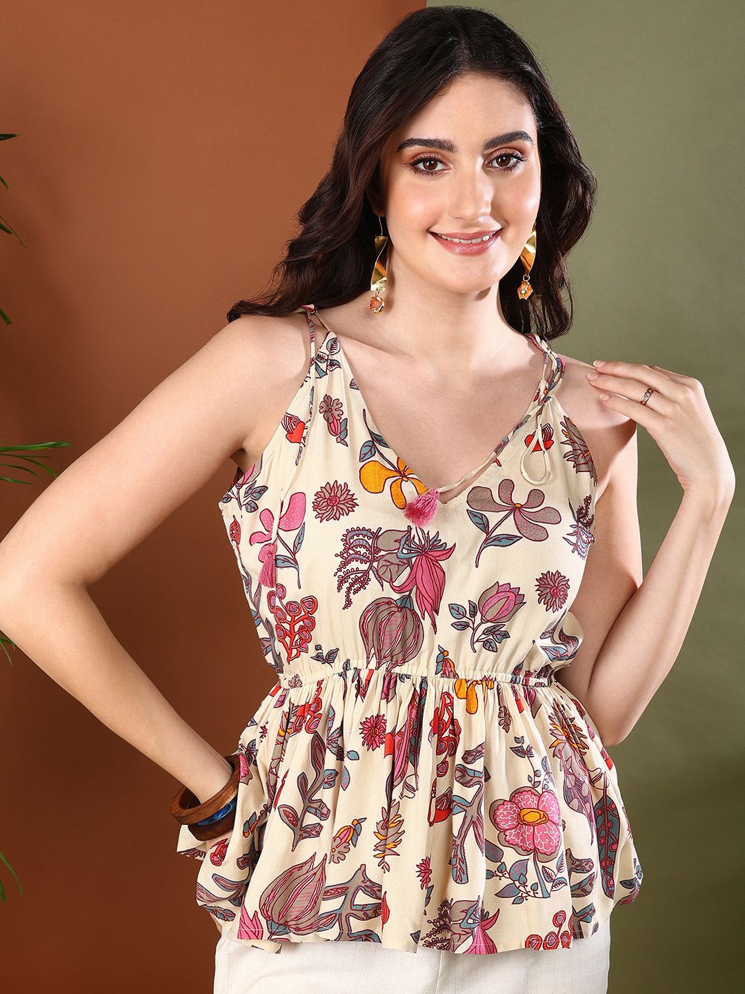 

Stylum Floral Print Peplum Crop Top, Beige